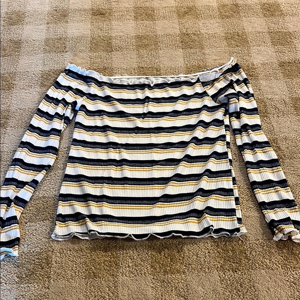 Striped Off-Shoulder Top - Black, White, Yellow